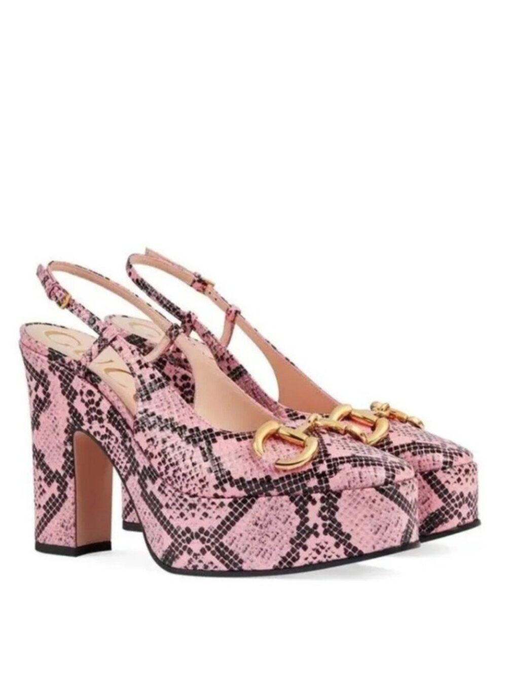 Gucci Python Print Horsebit Platform Slingback Pumps Pink 40.5 US 10.5